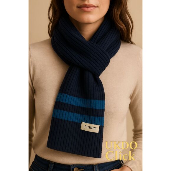 J.Crew  Ribbed Knit Long Scarf Unisex Luxury Wool Blend Navy Blue Stripe 86" - Picture 5 of 13